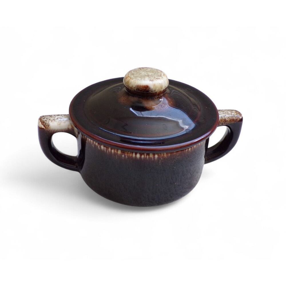 Brown Drip Glazed Pottery Sugar Bowl With Lid Handles 4" tall 4" wide
